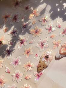 1 Stück glänzende rosa Lilien Nagel Aufkleber mit blühenden Blütenblättern, 5D romantischer japanischer Stil Blumen für elegante florale selbstklebende Nageldekoration Maniküre