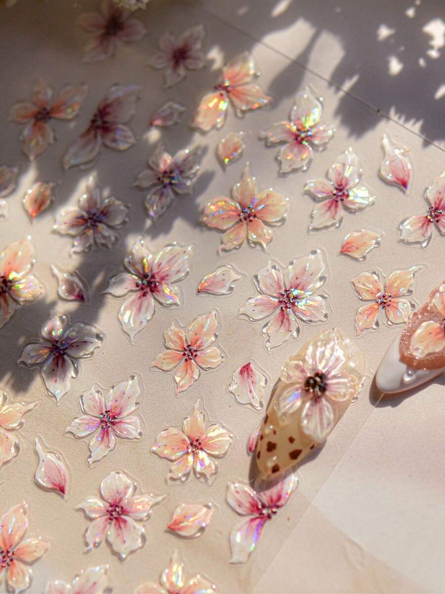 1 Stück glänzende rosa Lilien Nagel Aufkleber mit blühenden Blütenblättern, 5D romantischer japanischer Stil Blumen für elegante florale selbstklebende Nageldekoration Maniküre