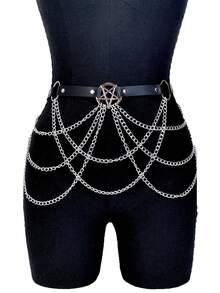 1件装女士PU皮革腰带，带链条五角星O形环朋克风腰带，朋克风配饰，适合秋季和圣诞节佩戴。 - 彩色 - 查看 6