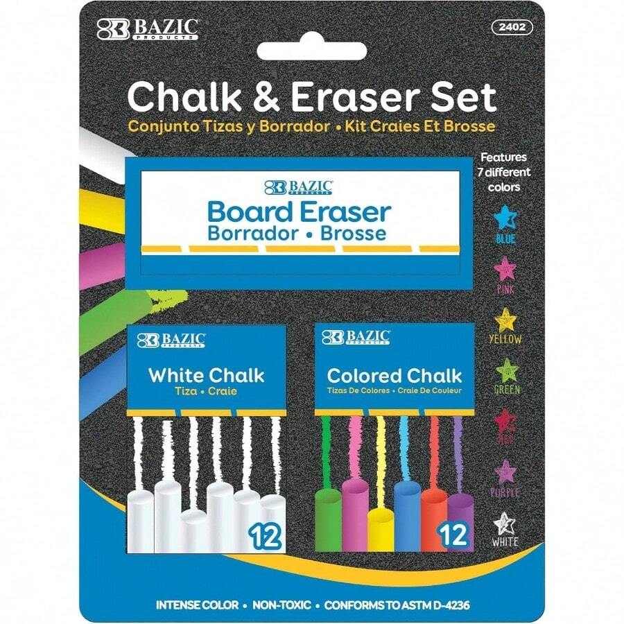 Colored 12 Pcs+ White 12 Pcs Chalk+ Premium Chalkboard Eraser Bundle, Art Office Classroom Store Home, 1 - Pack