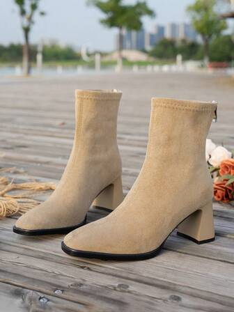 女士法式百搭踝靴，新款秋冬粗跟后拉链时尚短靴，高跟鞋