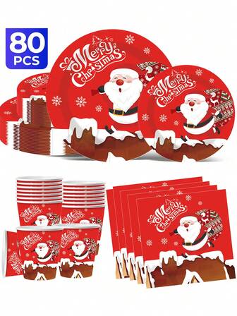 [Neue Ankunft für Weihnachten] Weihnachtsthema 20/40/60/80/100 Stücke/Set, inklusive 18 cm Pappteller, 23 cm Pappe, 266 ml Becher, Servietten, geeignet für tägliche Zusammenkünfte, Geburtstagsfeiern, Bridal-Shower, Baby-Shower, Clubs, Hochzeiten