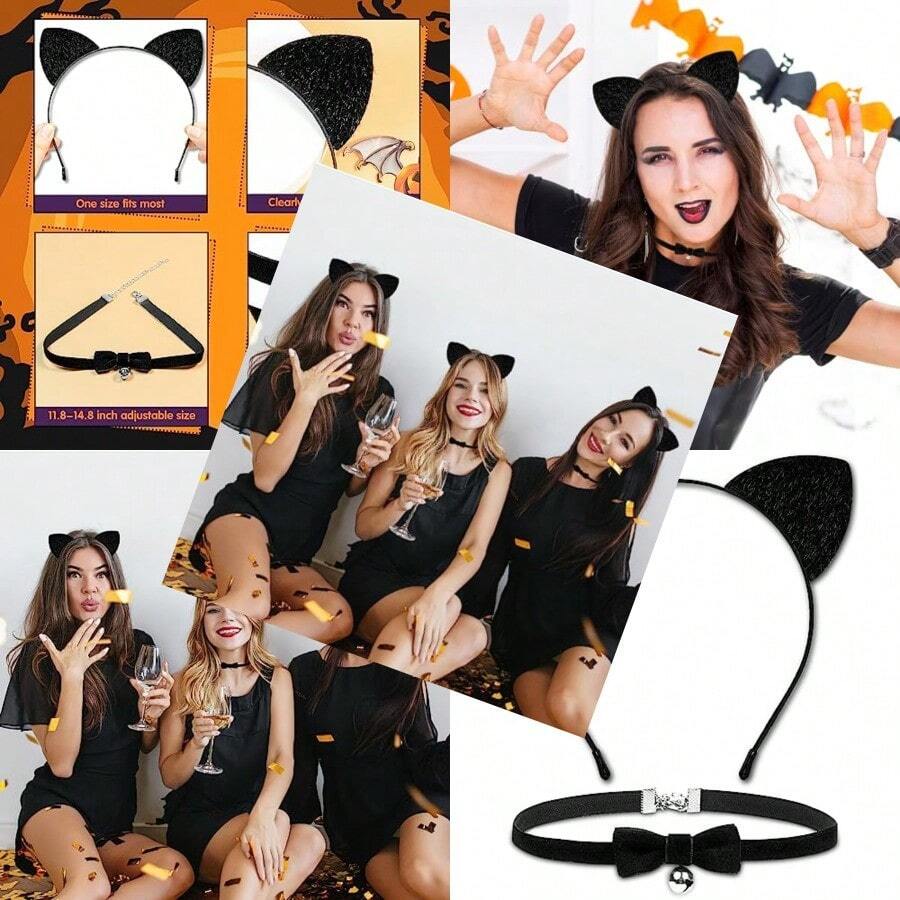 MUKOSEL Black Cat Ears Headband With Bell Collar Set Black Cat Costumes For Women Cat Costume Accessories Halloween Cosplay Party Costumes For Adults Women