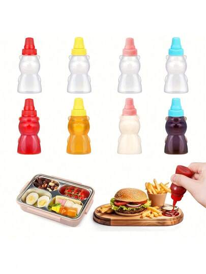 Juego de 4 mini botellas para salsas - Envases de plástico ovalados portátiles para exprimir, para ketchup, salsa de soja, miel, aderezo para ensaladas, con diseño de animales, lavar a mano, adecuado para loncheras y picnics, uso en cocina y comedor