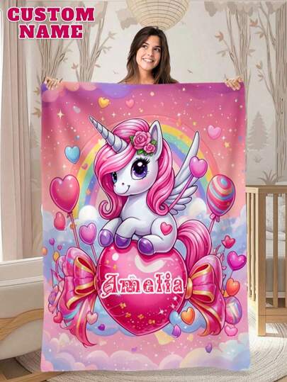 1 pieza Manta personalizable con texto, manta conmemorativa, patrón de unicornio, adecuada para niñas, niños, adultos, Día de San Valentín, ligera, manta para bebé, manta de felpa personalizada, manta de foto personalizada, manta de tiro personalizada, manta de bebé personalizada, manta para recién nacido, adecuada para el Día de la Madre, cumpleaños, Día del Niño, Día del Padre, graduación, boda, Navidad, Halloween, aplicable para sofá, cama, coche, dormitorio, sala de estar, manta de sofá, alfombra, manta para niños, manta para recién nacido