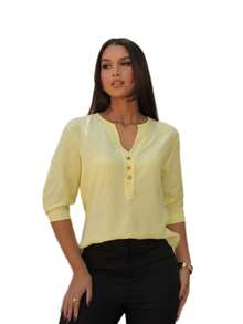 Women's Formal Shirt With 3/4 Sleeves - Yellow - View 4
