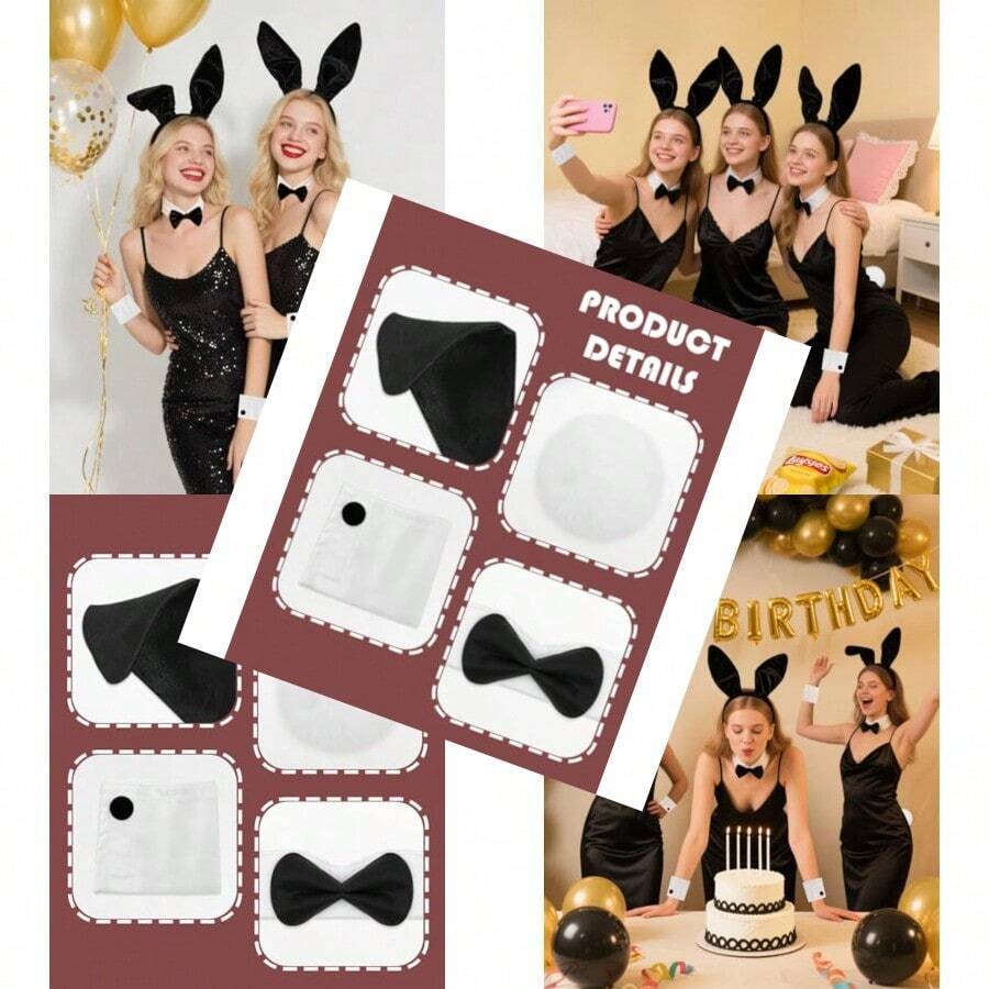 Halloween Bunny Costume Accessories 5 PCS Rabbit Ears Headband Tail Bow Tie Collar Cuffs For Adult Women Cute Floppy Fluffy Cosplay Set Black And White