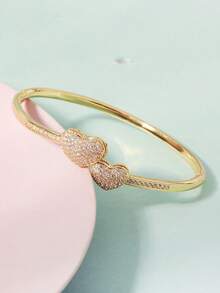 1pc Zirconia Inlaid Double Heart Design Fashion Bracelet For Women, Elegant Casual Everyday Wear