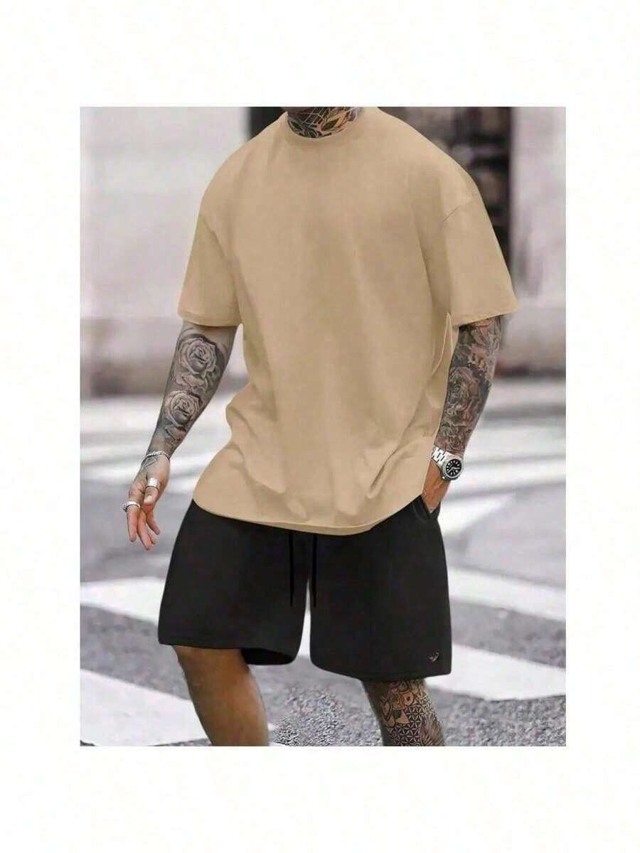Kit 2 Peças Conjunto De Camiseta Masculina E Short tactel Casual Verão Para Homens 100% algodao - Bege - Visão 1