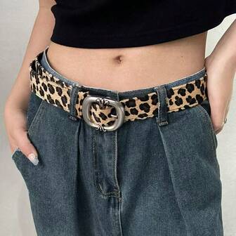1 件女士时尚简约豹纹天鹅绒腰带，百搭