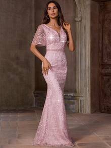 EVERLYL Elegant Luxury Lotus Pink Embroidered Sequins & Rhinestones Evening Deep V-NeckDress, Ruffle Sleeves Formal Prom Gown, For Wedding Guest, Graduation, Dinner - Pink - View 6