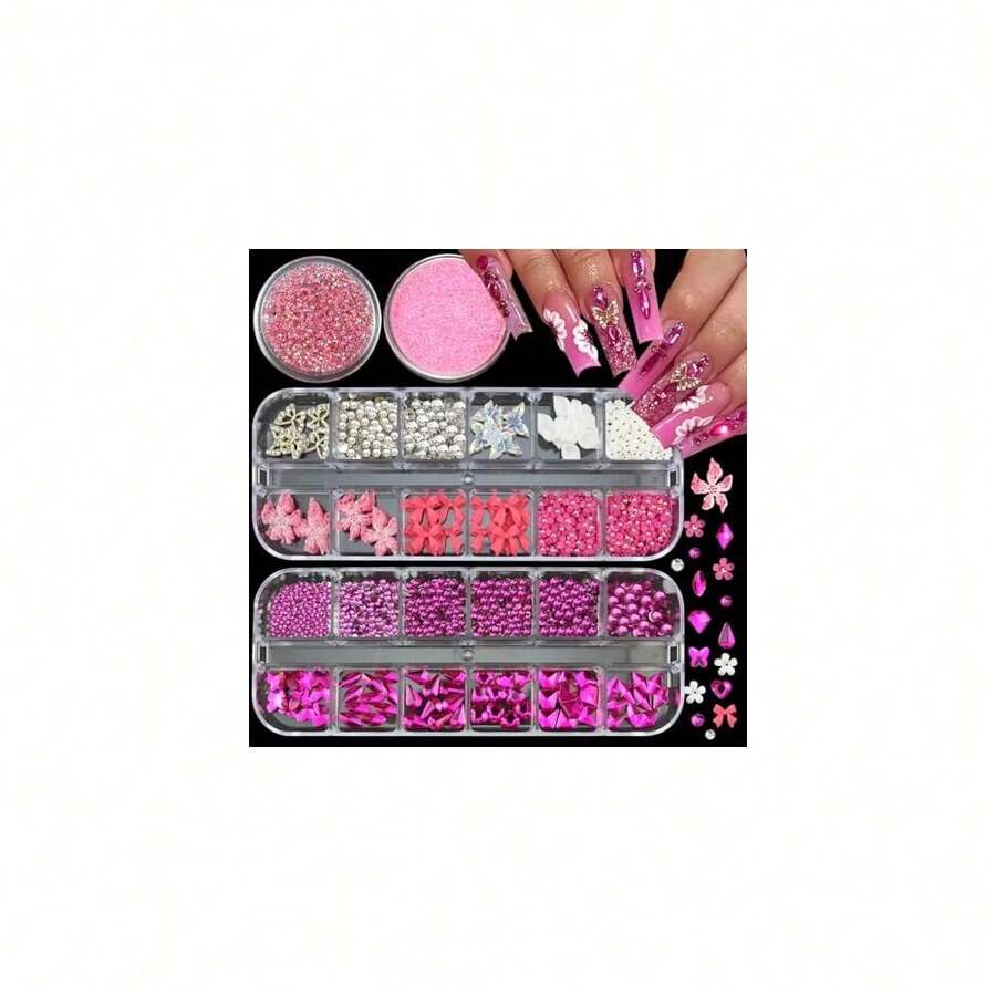 4 Boxes Pink Red Nail Gems Bow Flower Nail Charms For Acrylics - Irregular Crystals, Nails Rhinestone & Accessories For Women Nails Art Design Nails Decor(Pink & Red){"Color_name":"Colorful-19"} - 多彩-19 - 查看 1
