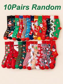 10 Pairs Random Autumn/Winter Women Cartoon Reindeer, Santa Claus, Snowflake, Christmas Tree Patterned Crew Socks - Multicolor - View 9