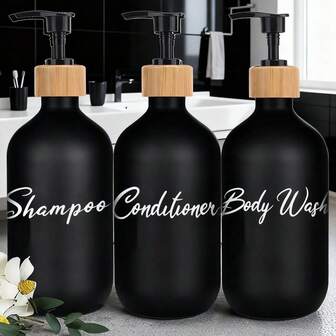 3 件装黑色塑料洗发水、沐浴露、护发素补充瓶，浴室装饰