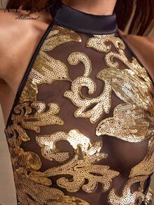 Camizolă elegantă A&A cu broderie florală din plasă cu paiete, transparentă 3D, sexy, esențială pentru sezonul nunților, potrivită pentru cină formală, ținută de înaltă societate, ținută de Anul Nou, stil palat, ținută business casual, Ziua Îndrăgostiților - Negru și auriu - Vizualizare 2