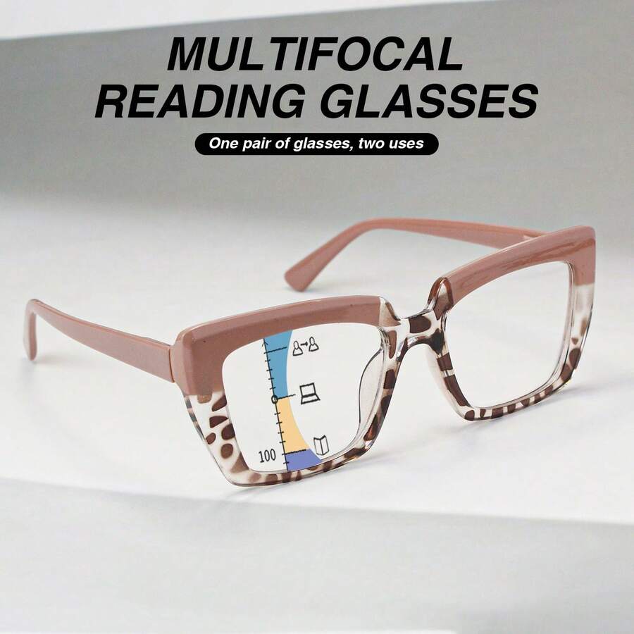 1 pieza Gafas de lectura progresivas multifocales con marco grande de color retro, lentes de PC ultra claros con bisagras de resorte de metal, gafas de lectura versátiles y de moda para uso diario con aumento para mujeres - Estampado de leopardo medio rosa - Ver 1