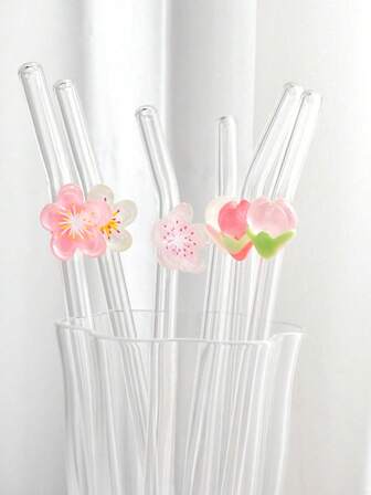1 件/6 件花朵装饰玻璃吸管，适合饮用果汁、奶茶、咖啡、冷饮，弯曲吸管设计，学校用品，返校，送给女朋友、男朋友、父母、朋友的礼物