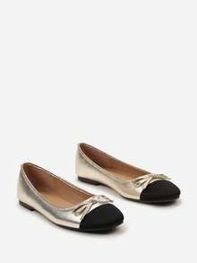 闪亮芭蕾平底鞋，配撞色鞋头和蝴蝶结 - 女士休闲工作/办公室平底鞋