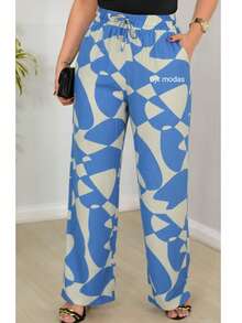 DUNA Fabric Pants With Lining, Elastic Waist - Sky Blue/light Beige - View 3