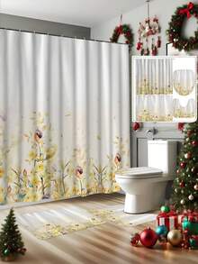 4 piezas Juego de baño con estampado floral amarillo, incluye alfombra antideslizante, tapa de inodoro, tapete de baño, cortina de ducha impermeable con 12 ganchos de plástico, decoración de baño, decoración del hogar, decoración navideña