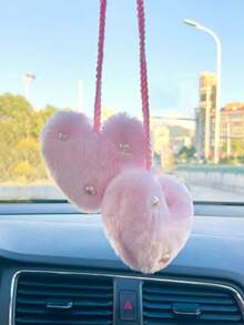 1 件毛绒心形后视镜挂饰，汽车内饰配件 - 粉色 - 查看 5