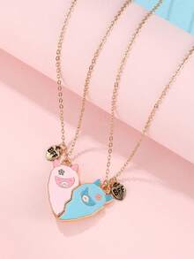 2 件套可爱猫咪，尾巴可动，永远的好朋友 BFF 油滴吊坠项链，送给朋友的完美礼物