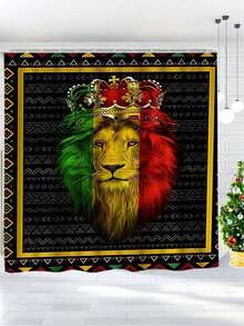 4 pièces Ensemble de salle de bain avec imprimé géométrique couronne et lion, rideau de douche imperméable avec crochets, tapis en U, housse de siège de toilette, tapis en L, accessoires de salle de bain, décoration de salle de bain, décoration de Noël