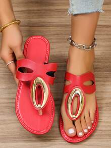 1双青少年时尚金属扣露趾平底拖鞋，沙滩凉鞋，休闲度假风，柔和粉、活力红、独特绿、经典黑、优雅棕拖鞋 - 紅色 - 查看 13