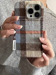 Autumn/Winter Minimalist Blue & Brown Plaid Velvet Phone Case Compatible With Iphone 17 Pro Max, Apple 14, 17 Pro, New 17 Pro, 15 Pro, Soft Protective Cover For 16 Pro Max, 16