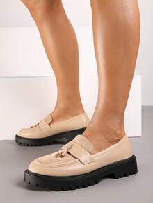 Chunky Loafers With Metal Detail - Soft & Comfortable Women's Shoes - Casual, Work/Office - Beige - View 1