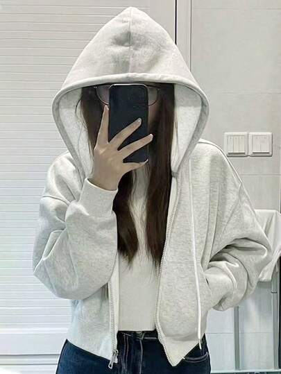Y2K风格女士春季休闲套装，纯色街头风，连帽设计，优雅迷人，女士上衣