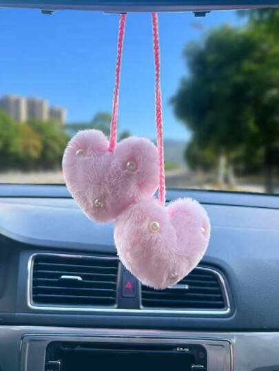 1pc Plush Heart Shaped Rearview Mirror Hanging Decor, Car Interior Accessories