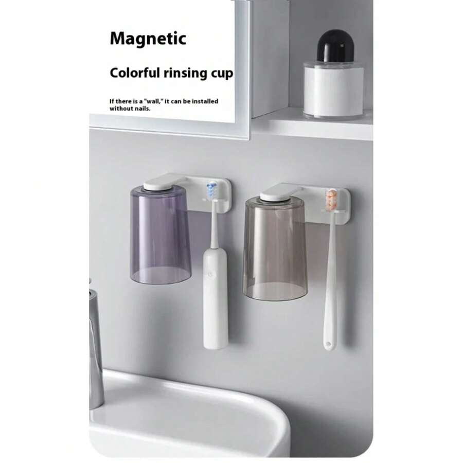 Magnetically Attached Toothbrush Holder For Rinsing Cups; No Need To Drill Holes Wall-Mounted Brushing Cup; Transparent Wash Cup