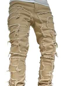 Men's Fashionable Solid Color Street Fringe Jeans - Khaki - View 5