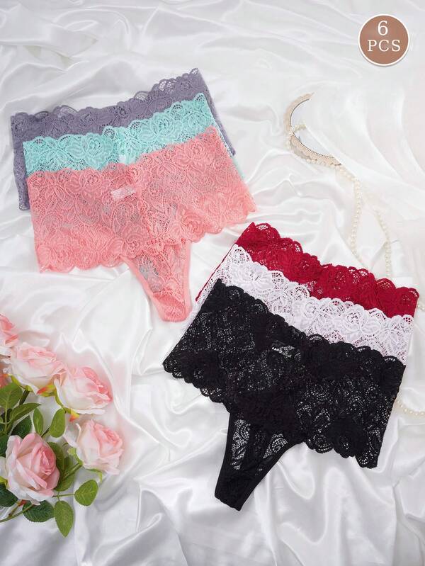 Zestaw 6 sztuk damskich koronkowych seksownych majtek z wysokim stanem i dekoltem w kształcie litery T