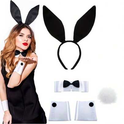 Halloween Lady Rabbit Costume Set Of Four/Five Pieces, Including Black Rabbit Ears Headband, Butterfly Collar, Cuffs, Rabbit Tail Accessory, Black Long Gloves. This Rabbit Costume Is Suitable For Adult Animal Costume Parties, Role-Playing, And Photo Props. It Is Suitable For Easter Parties, Valentine's Day, And Family Parties.