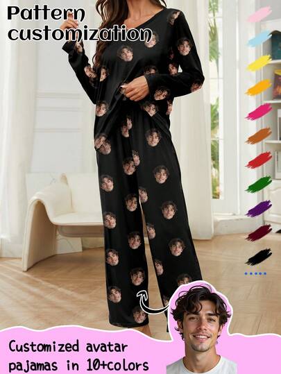 Customized Women Pajama Set, Personalized With Pet/Character/Portrait, Holiday/Best Friend Gift, Fall Clothes,Dawg,Colorful,Cute,Adorable,Contracted,Funny,Custom,Unique,Customized,Personalized,Ideal Gifts For Him,Ideal Gifts For Her,Boyfriend,Girlfriend,Family,Friends,Her