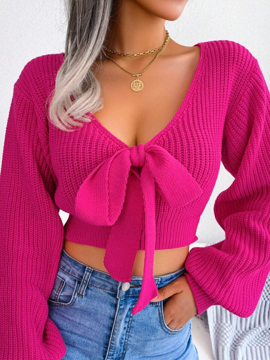 Autumn/Winter Y2K Lace-Up Bow Solid Color V-Neck Waist-Cinching Cropped Casual Sexy Long Sleeve Pullover Sweater For Women - Hot Pink - View 1