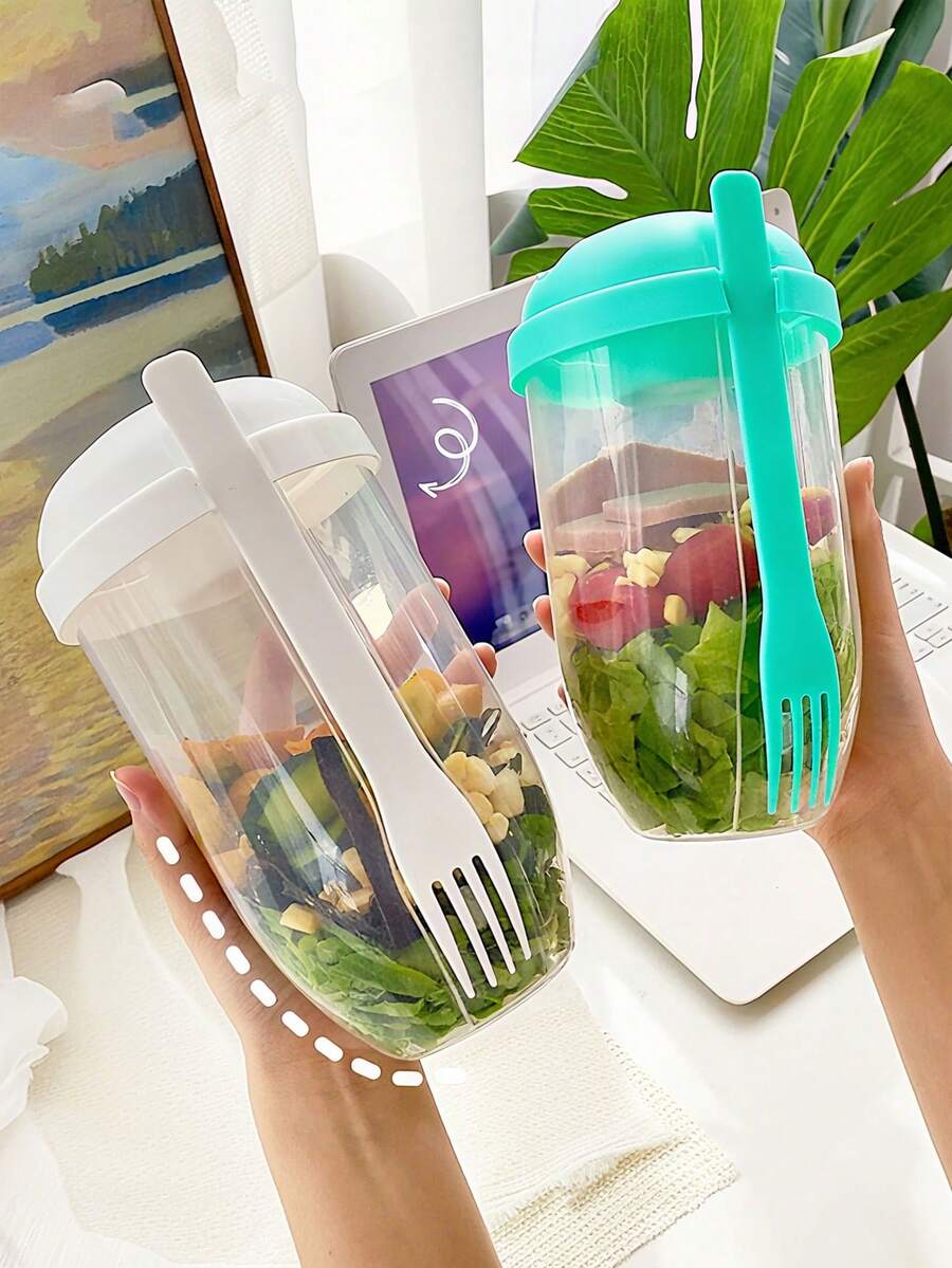 1 كوب سلطة مع أغطية وشوكة، وعاء رج السلطة الطازجة لوجبة الغداء، كوب تتبيلة الطعام الصحي للإفطار المحمول للخضروات والفواكه