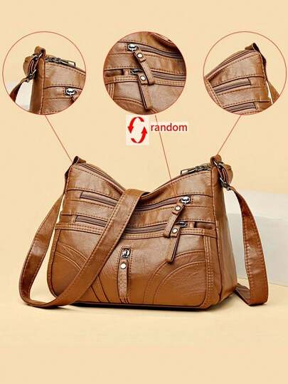 新款单肩包 - 大容量斜挎包，适合中年时尚人士，柔软皮革材质，多口袋设计，轻便复古风