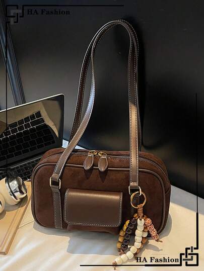 1pc Vintage Suede Shoulder Bag, Fashion Women Handbag