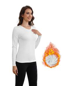 Lenjerie termică cu mânecă lungă și decolteu în V pentru femei, tricou cu căptușeală termică, strat de bază cald, pijamale, toamnă / iarnă