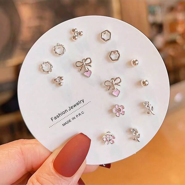 7 Pairs Fashion Women's Star, Moon, Flower, Leaf, Heart, Crystal & Pearl Stud Earrings Set
