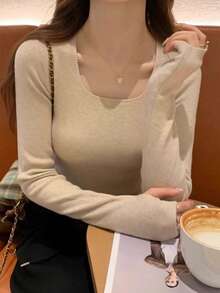 女式方领长袖针织毛衣，修身叠穿上衣，秋冬 - 燕麥色 - 查看 5