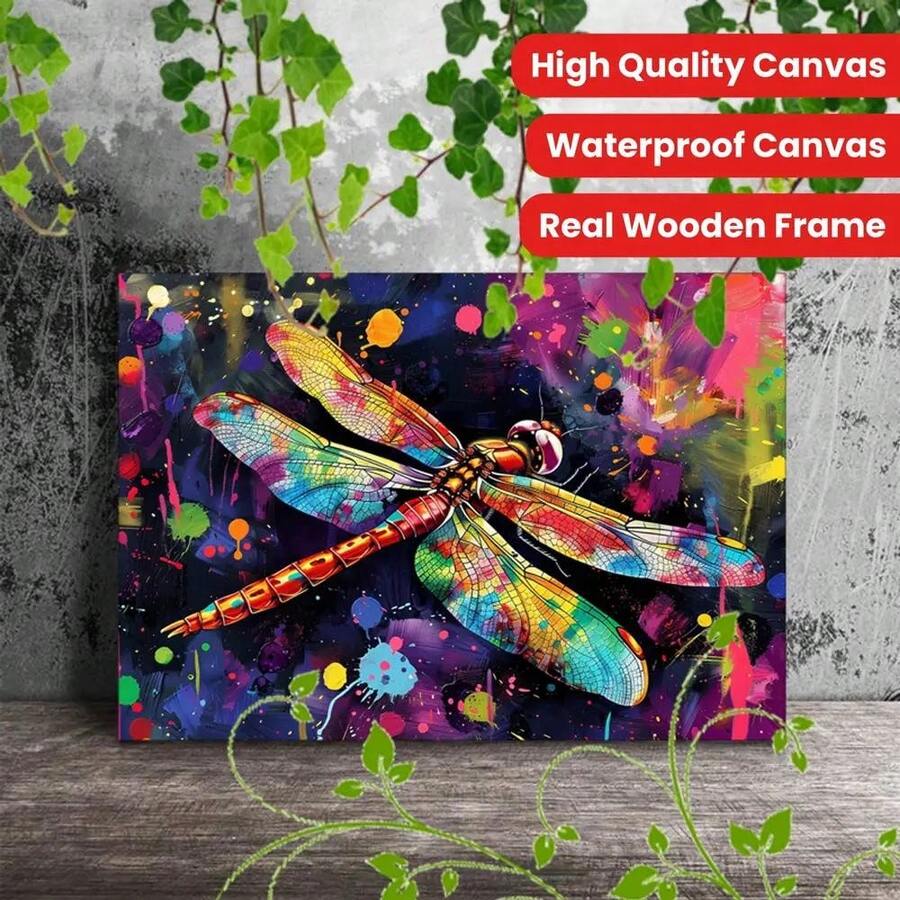 Poster-1pc Wooden Framed Canvas Painting Artistic Printing, Corridor Home Living Room Decoration Suspensibility Vibrant Dragonfly Splashes Of Color - 彩色 - 查看 1