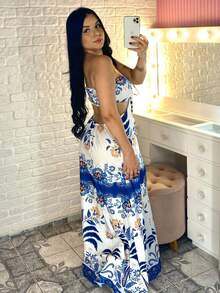 Printed Long Dress With Padded Summer 4 Ways To Wear - 花藍色 - 查看 2