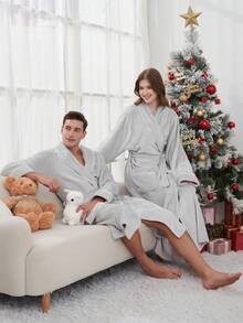 男士加厚法兰绒长袍，撞色披肩领毛绒腰带浴袍，秋冬季保暖睡衣，蓬松舒适，温暖舒适 - 灰色 - 查看 7