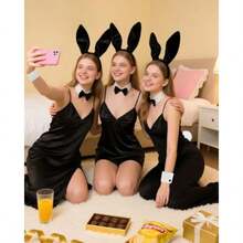 Halloween Bunny Costume Accessories 5 PCS Rabbit Ears Headband Tail Bow Tie Collar Cuffs For Adult Women Cute Floppy Fluffy Cosplay Set Black And White