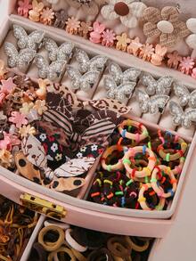 434pcs Girls' Khaki Fabric Flower, Rabbit Ear, Butterfly Cute Princess Hair Scrunchies, High Elasticity Durable Non-Damaging Hair Ties, Hair Clips With Rhinestone Butterfly, Suitable For Daily Use - Multicolor - View 3