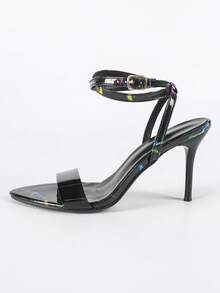 Women's Black High Heel Sandals, Pointed Toe Thin Heel Simple One-Strap TPU Upper Design, Black Fabric With Asymmetrical Colorful Floral Pattern Decoration, 8.7CM Heel Height, Lightweight And Comfortable, Versatile And Stylish High Heel Sandals, Suitable For Parties, Nights Out, Dates, Shopping, Commuting, Sexy High Heel Sandals (Asymmetrical Floral Pattern)